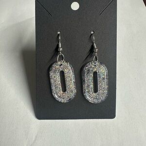 Silver Holographic Glitter Oval Drop Earrings